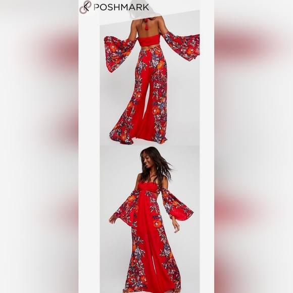 Free People Falling Flowers Jumpsuit Womens M Red Multi Floral Cutout Flowy Boho - Picture 2 of 16
